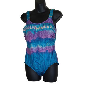 Vintage Summer Beach Swimsuit Plus 16W Turquoise & Purple Tie Dye Lined 1 Piece